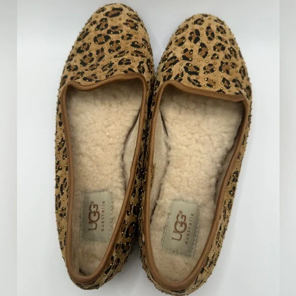 UGG Women's Leopard Print Tan Suede Slip-On Flats with Shearling - Picture 7 of 11